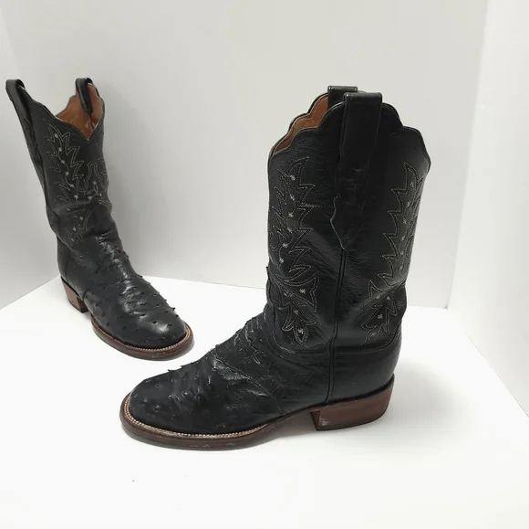 Lucchese 2000 Womens Ostrich Cowboy Boots Size 8.5 B Black Exotic - Picture 1 of 11